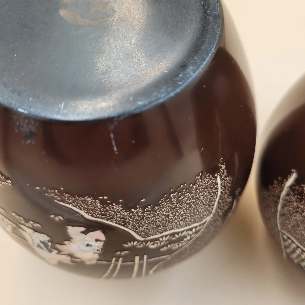 2 Vintage Asian Lacquer Vase, Mother of Pearl Inlay, Pagoda Garden Scene, 5.25